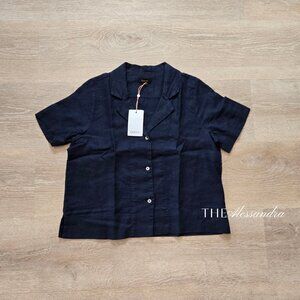 Quince Women 100% European Linen Short Sleeve Shirt Deep Navy XS New With Tags